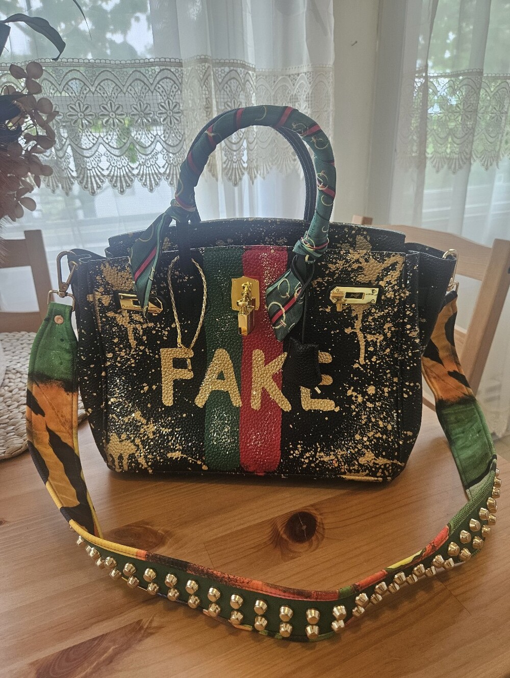 Designer-Inspired Black Satchel with Green & Red Stripe and Gold Accents